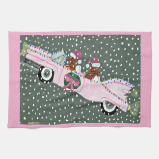 Linge De Cuisine Dachshunds à Noël dans une décapotable rose