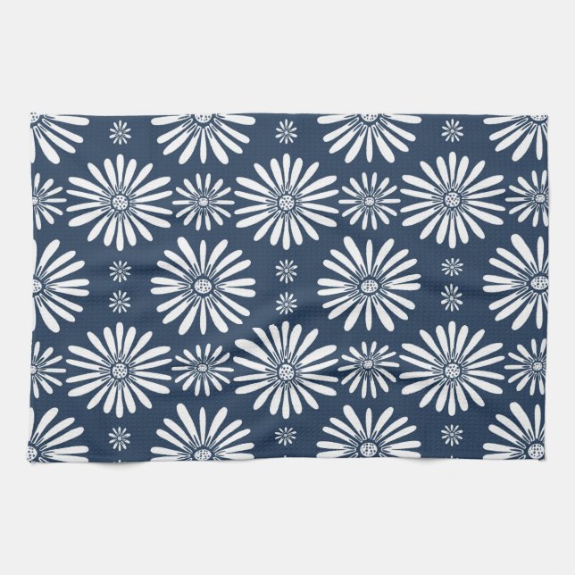 Linge De Cuisine Daisy FLoral Pattern bleu blanc (Horizontal)