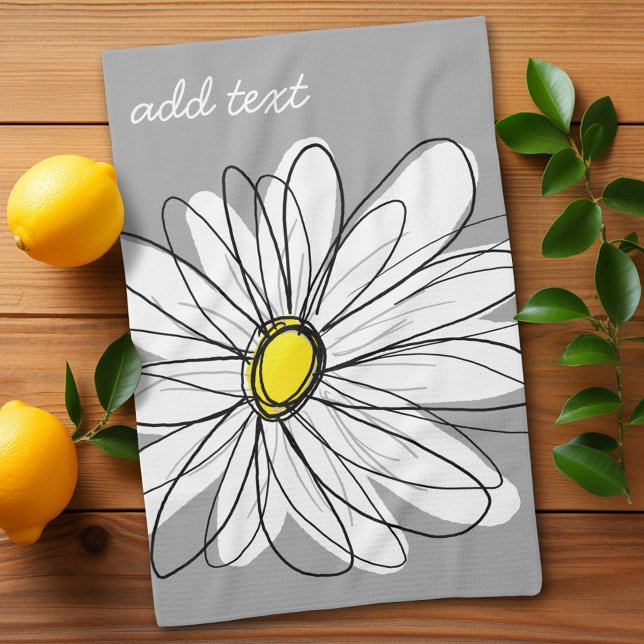 Linge De Cuisine Daisy tendance avec gris et jaune (Whimsical Daisy Kitchen Towel with a place to personalize - makes a great gift)