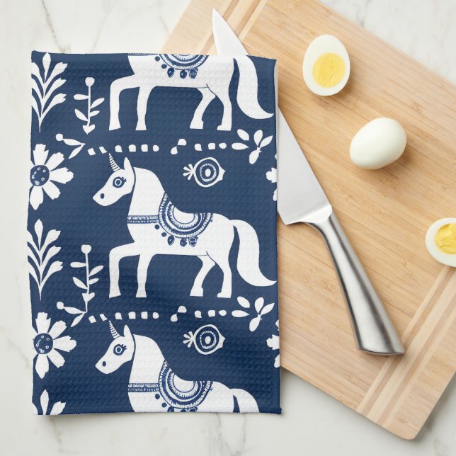 Linge De Cuisine dala suédois cheval folk art motif bleu blanc (Quart Plié)