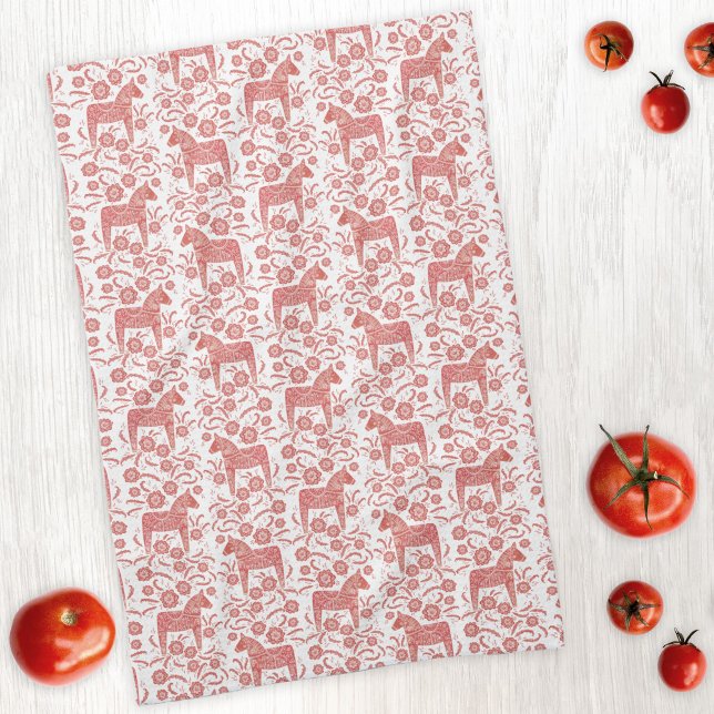 Linge De Cuisine Dala suédois Cheval Folse Motif d'art populaire (Swedish Dala horse red and white folk art kitchen towel)