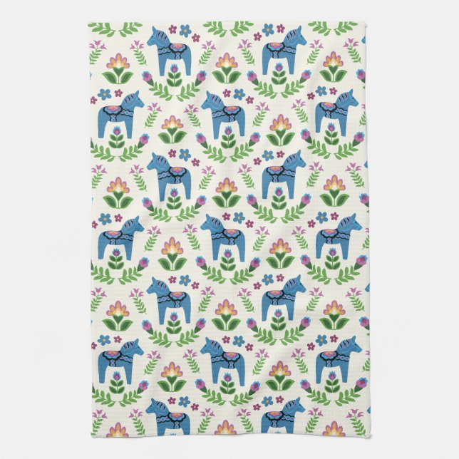 Linge De Cuisine Dala suédois Chevaux bleu (Vertical)
