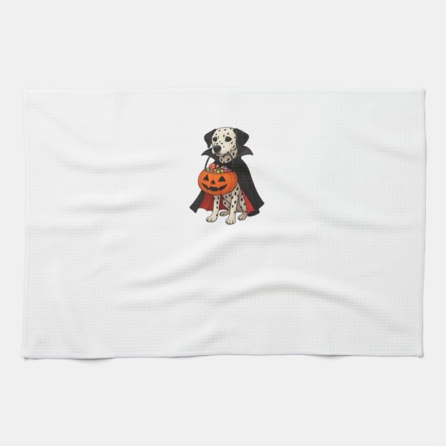 Linge De Cuisine Dalmatian Halloween Vampire Dog with Pumpkin Baske (Horizontal)