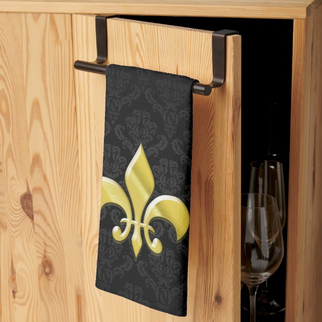 Linge De Cuisine Damas noir/or Fleur de Lis (Pliage en tiers)