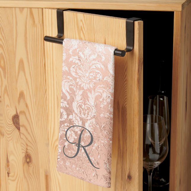 Linge De Cuisine Damas or rose monogrammé  (Pliage en tiers)