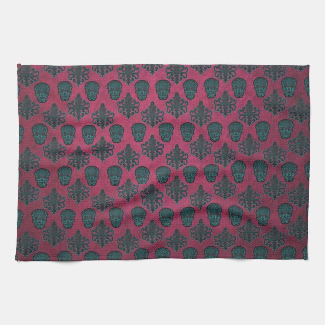 Linge De Cuisine Damas turquoises Et Crânes Sur Texturé Hot Rose (Horizontal)