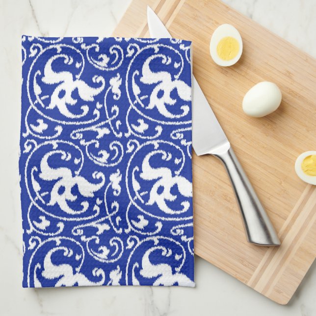 Linge De Cuisine Damassé florale d'Ikat - bleu et blanc de cobalt (Quart Plié)