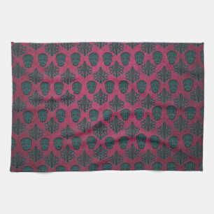 Linge De Cuisine Damassé sarcelle et crânes sur fond rose chaud tex