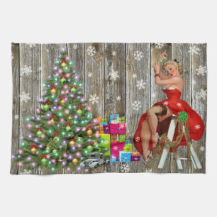 Linge De Cuisine Dame de l'Arbre de Noël en Robe Rouge Tableau de l