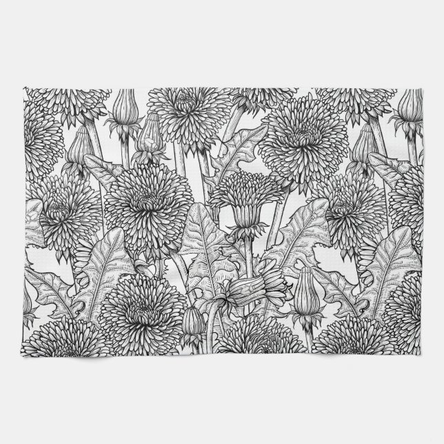 Linge De Cuisine Dandelions, noir et blanc (Horizontal)