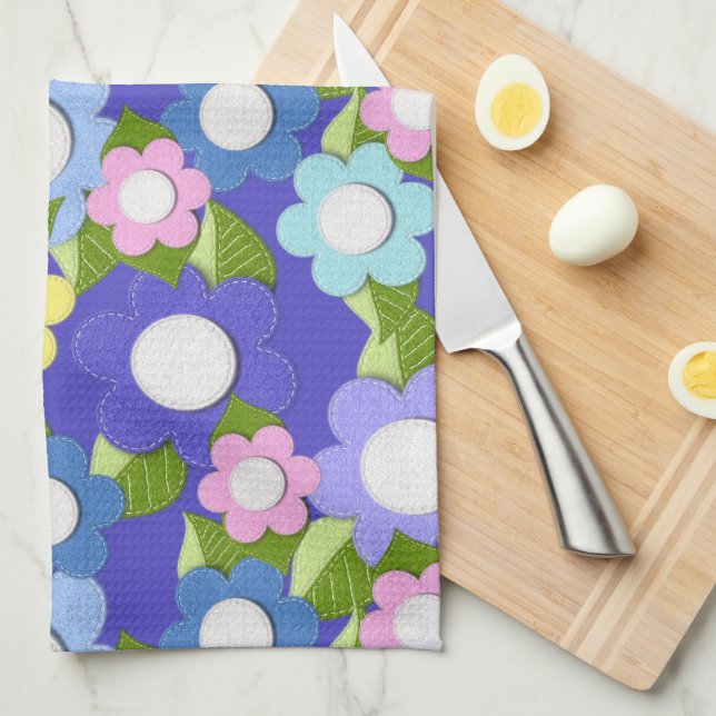 Linge De Cuisine De Belles Fleurs De Felt Avec Des Taches (Quart Plié)