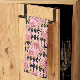 Linge De Cuisine De jolies roses roses sur un fond harlequin
