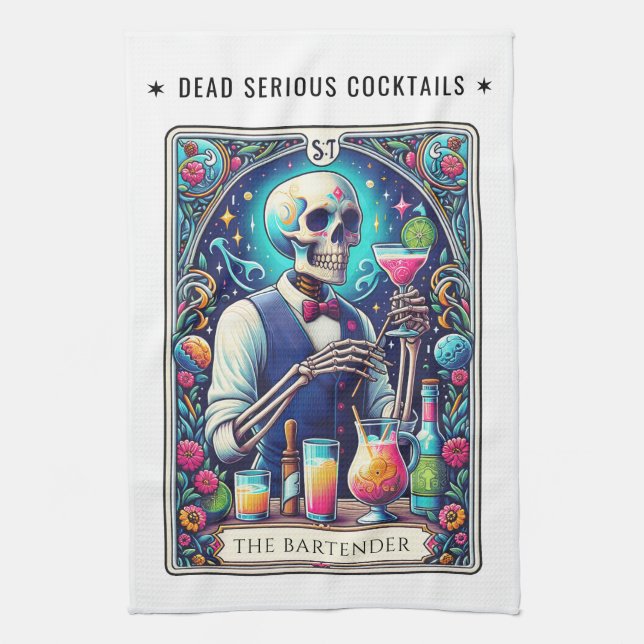 Linge De Cuisine Dead Serious Cocktails Tarot Bartender Skeleton (Vertical)