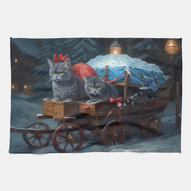 Linge De Cuisine Décor de Noël Oriental Blue Cat Snowy Sleigh (Horizontal)