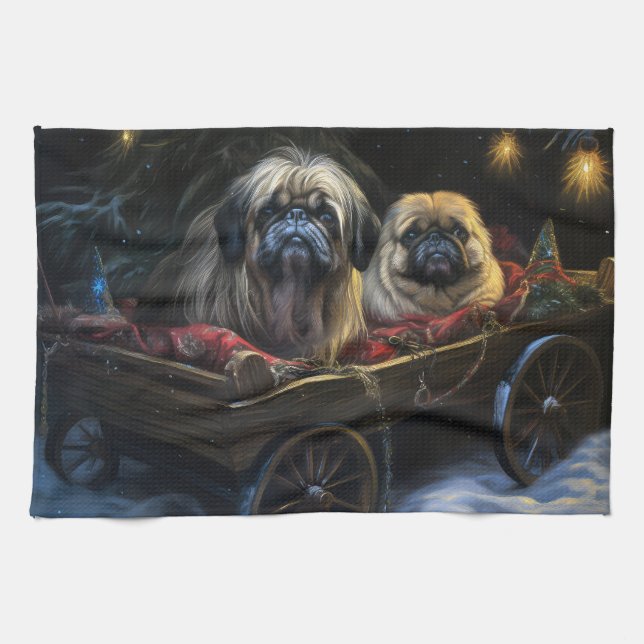 Linge De Cuisine Décor de Noël Pekingese Snowy Sleigh (Horizontal)