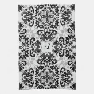 Linge De Cuisine Décor noir et gris de damassé de victorian