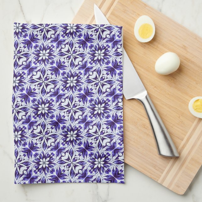 Linge De Cuisine Deep Purple, Purple, Periwinkle & White Damask  (Quart Plié)
