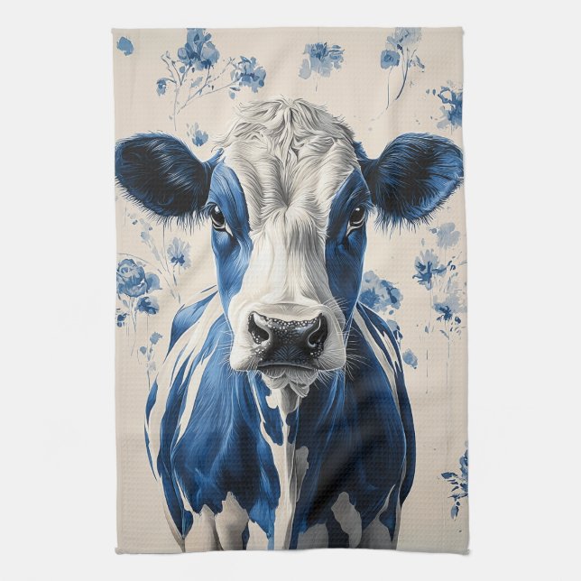 Linge De Cuisine Delft Blue Cow - Un hommage artistique intemporel (Vertical)