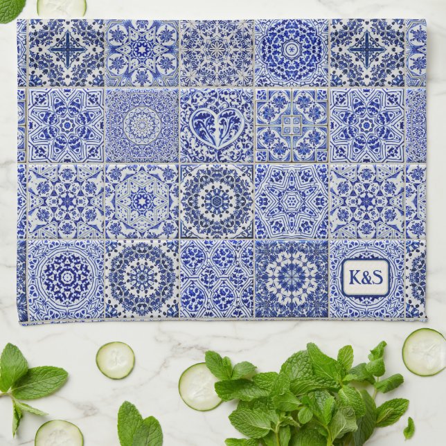 Linge De Cuisine Delft Pottery Look Blue Carreaux avec leurs initia (Plié)
