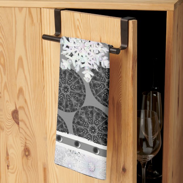 Linge De Cuisine Dentelle en céramique noir & flocon de neige (Pliage en tiers)