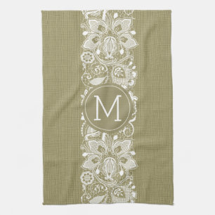 Linge De Cuisine Dentelle Faux Beige Lin & Blanc Floral