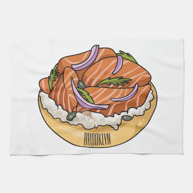 Linge De Cuisine dessin animé de bagel saumon (Horizontal)