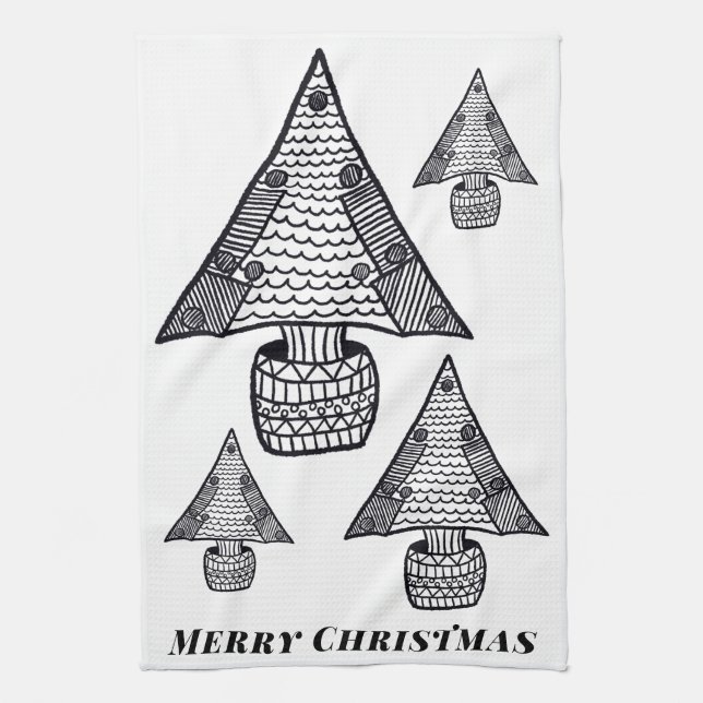 Linge De Cuisine Dessin d'arbre de Noël noir et blanc (Vertical)