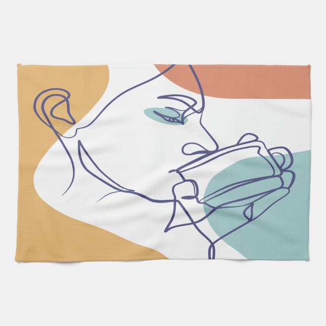 Linge De Cuisine dessin d'art affiche d'une femme buvant du café (Horizontal)