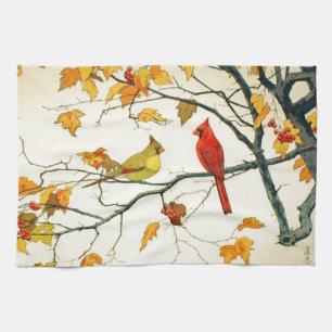 Linge De Cuisine Dessin japonais vintage, Cardinaux sur une branche