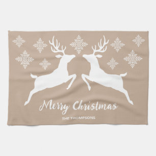 Linge De Cuisine Deux Cerfs Blancs Sur Beige Avec Flacons De Neige 