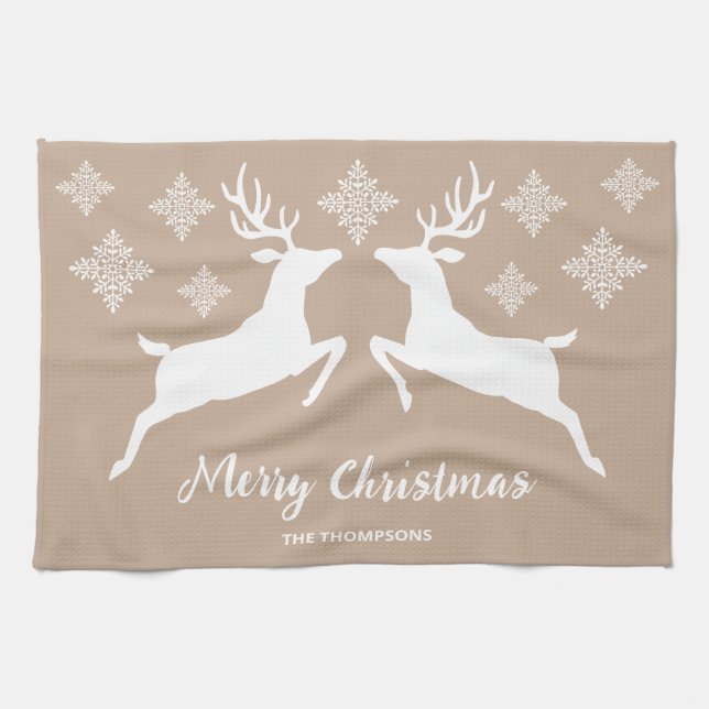 Linge De Cuisine Deux Cerfs Blancs Sur Beige Avec Flacons De Neige  (Horizontal)