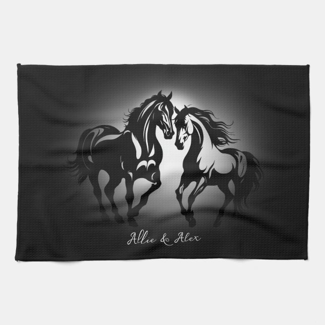 Linge De Cuisine Deux chevaux en amour noir blanc cheval couple amo (Horizontal)