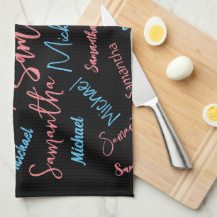 Linge De Cuisine Deux noms couples motif monogramme bleu rose clair