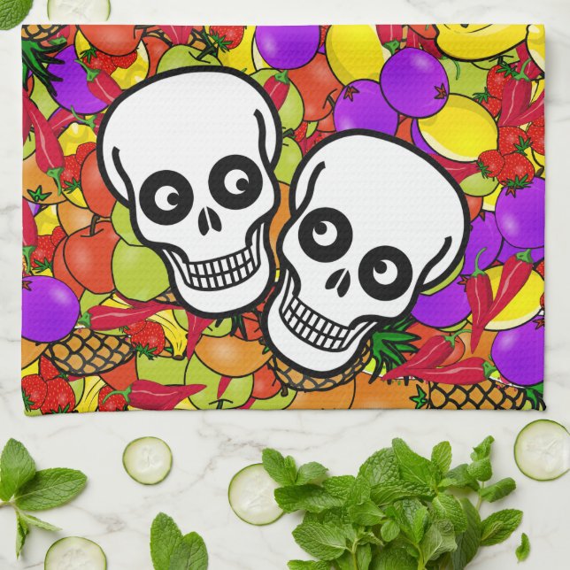 Linge De Cuisine Dia De Los Muertos - Happy Couple W/Fruit (Plié)