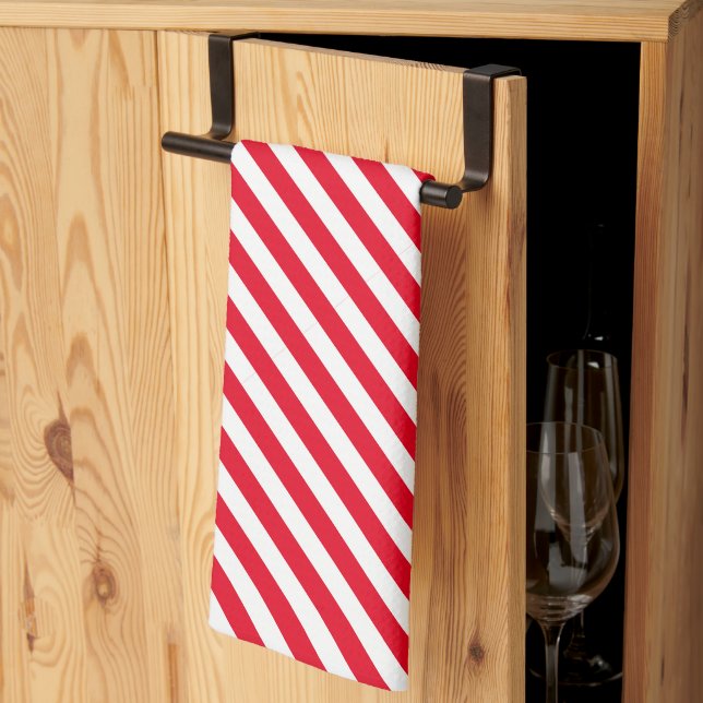 Linge De Cuisine Diagonale festive blanc et rouge rayé (Pliage en tiers)