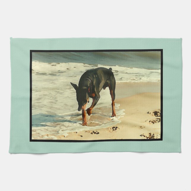 Linge De Cuisine Dobermann à l'image de peinture de plage (Horizontal)