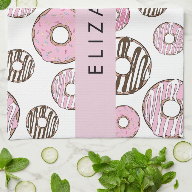 Linge De Cuisine Donuts Roses, Donuts Blancs, Sprinkings, Votre Nom (Plié)