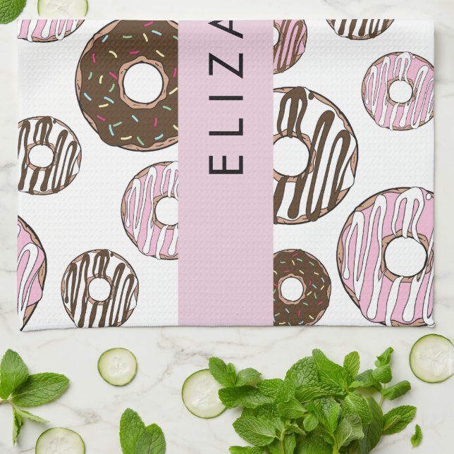 Linge De Cuisine Donuts Roses, Donuts Brown, Sprinkings, Votre Nom (Plié)