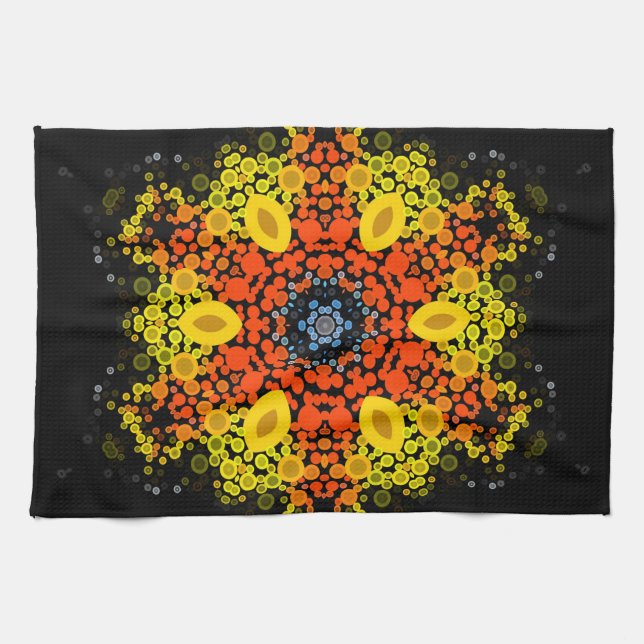 Linge De Cuisine Dot Mandala Fleur Jaune Orange Bleu (Horizontal)