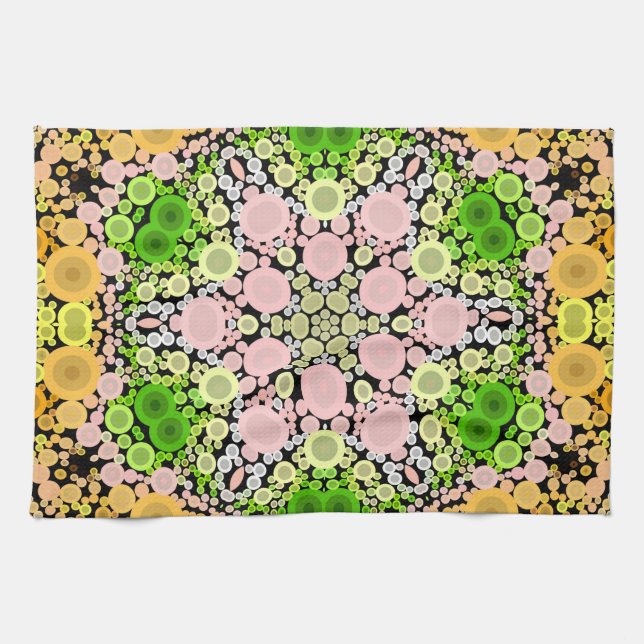 Linge De Cuisine Dot Mandala Fleur Jaune Vert et Rose (Horizontal)