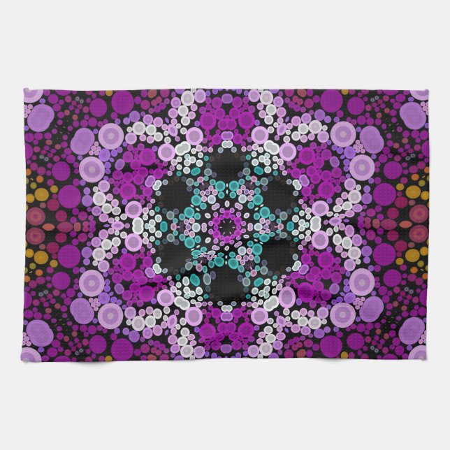 Linge De Cuisine Dot Mandala Flower bleu rose et jaune (Horizontal)