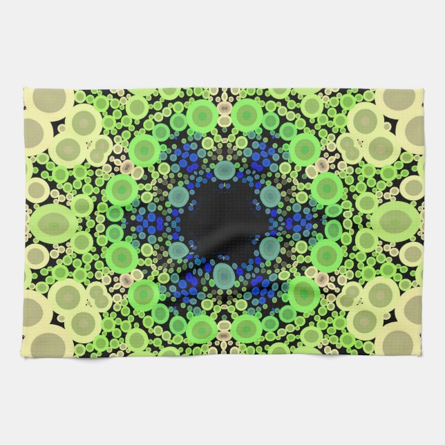 Linge De Cuisine Dot Mandala Flower bleu vert et jaune (Horizontal)