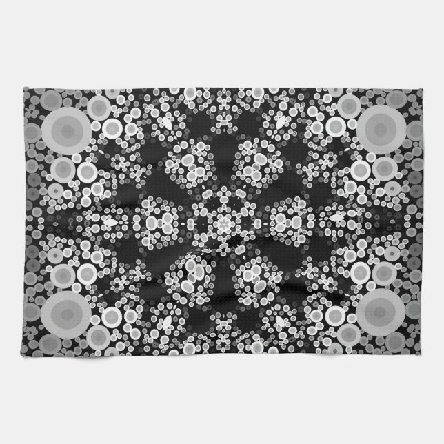 Linge De Cuisine Dot Mandala Flower Gris et noir (Horizontal)