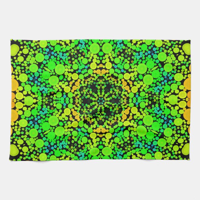 Linge De Cuisine Dot Mandala Flower vert orange et jaune (Horizontal)