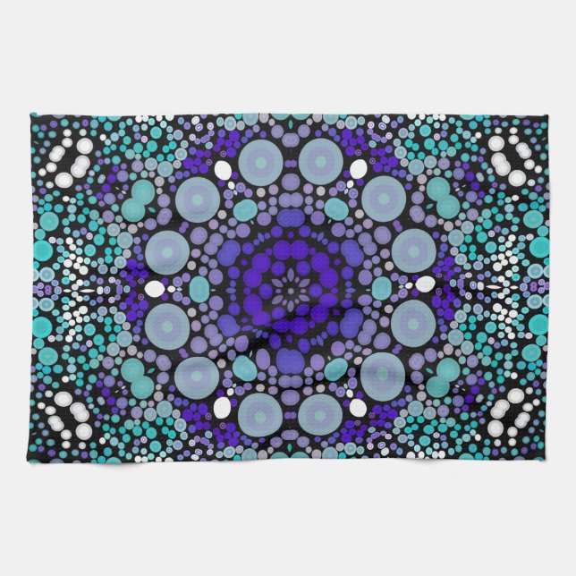 Linge De Cuisine Dot Mandala Flower violet bleu et blanc (Horizontal)