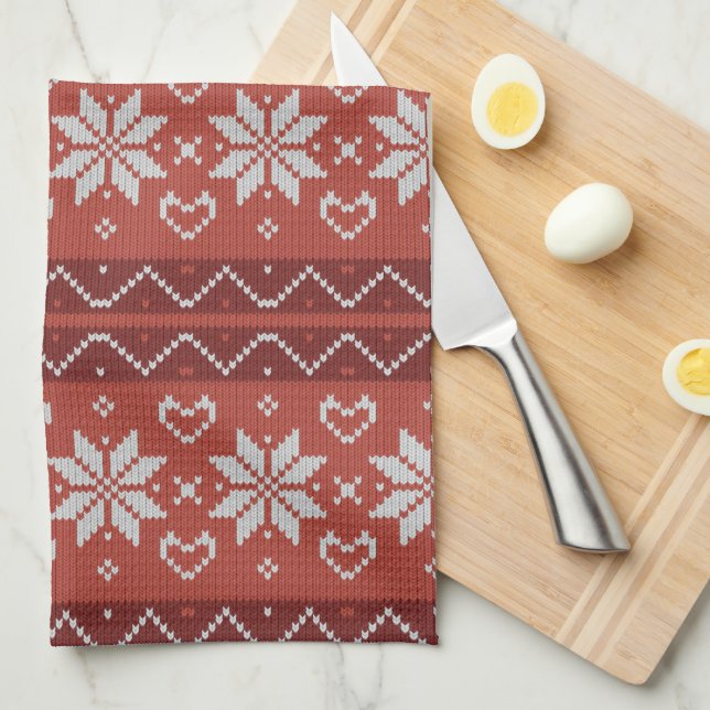 Linge De Cuisine Douille de Noël moche Scandinave Knit Coeur rouge (Quart Plié)