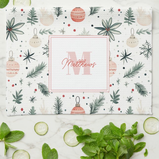 Linge De Cuisine Doux Aquarelle Noël Verdure Monogramme (Plié)