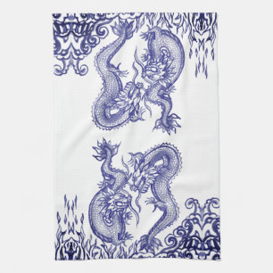 Linge De Cuisine Dragon bleu oriental blanc chinois Feu et eau