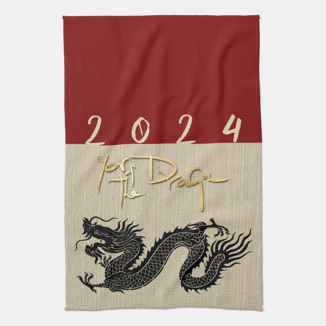 Linge De Cuisine Dragon de Nouvel An Chinois Noir papier coupé Zodi (Vertical)