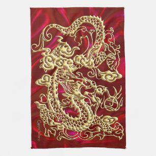 Linge De Cuisine Dragon doré en relief sur soie rouge imprimée
